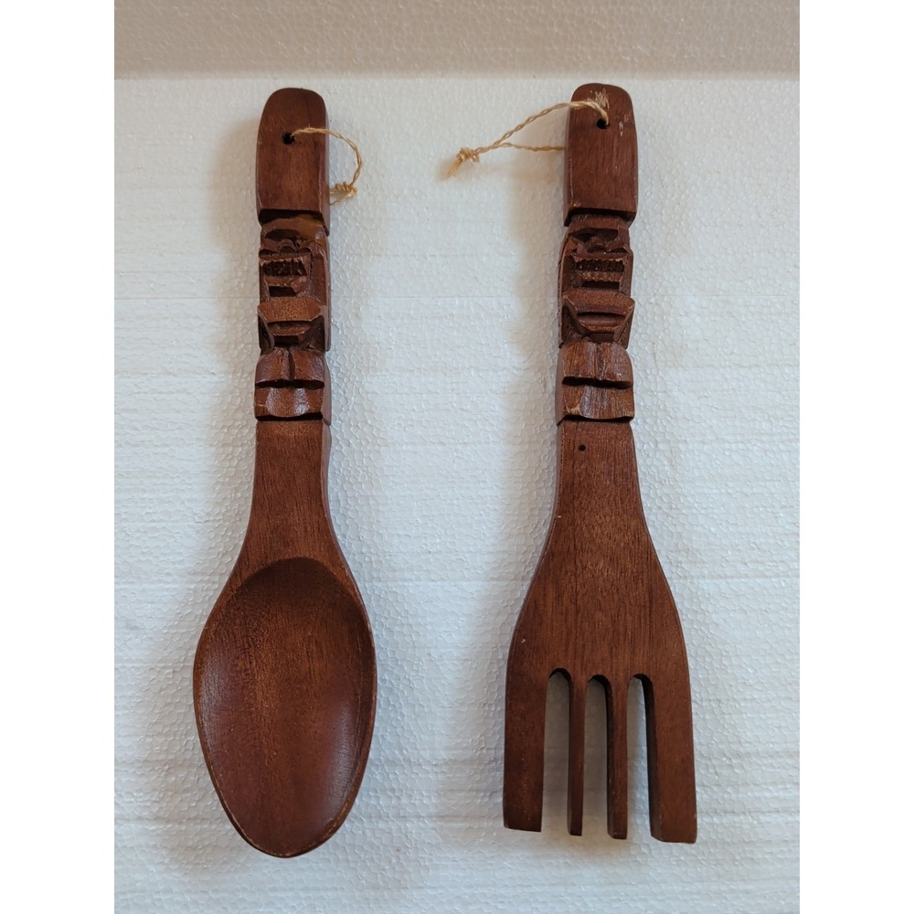 VTG Souvenir Wood Fork & Spoon Carved Tiki Totem Mid Century‎ Decor Kitchen